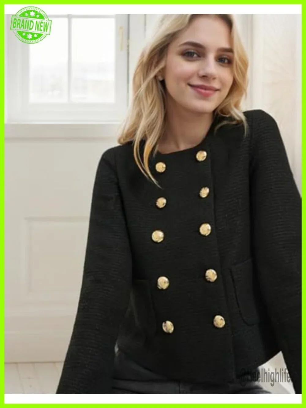 Cropped Tweed Blazer Jacket Long Sleeve Open Front for Work Casual Business